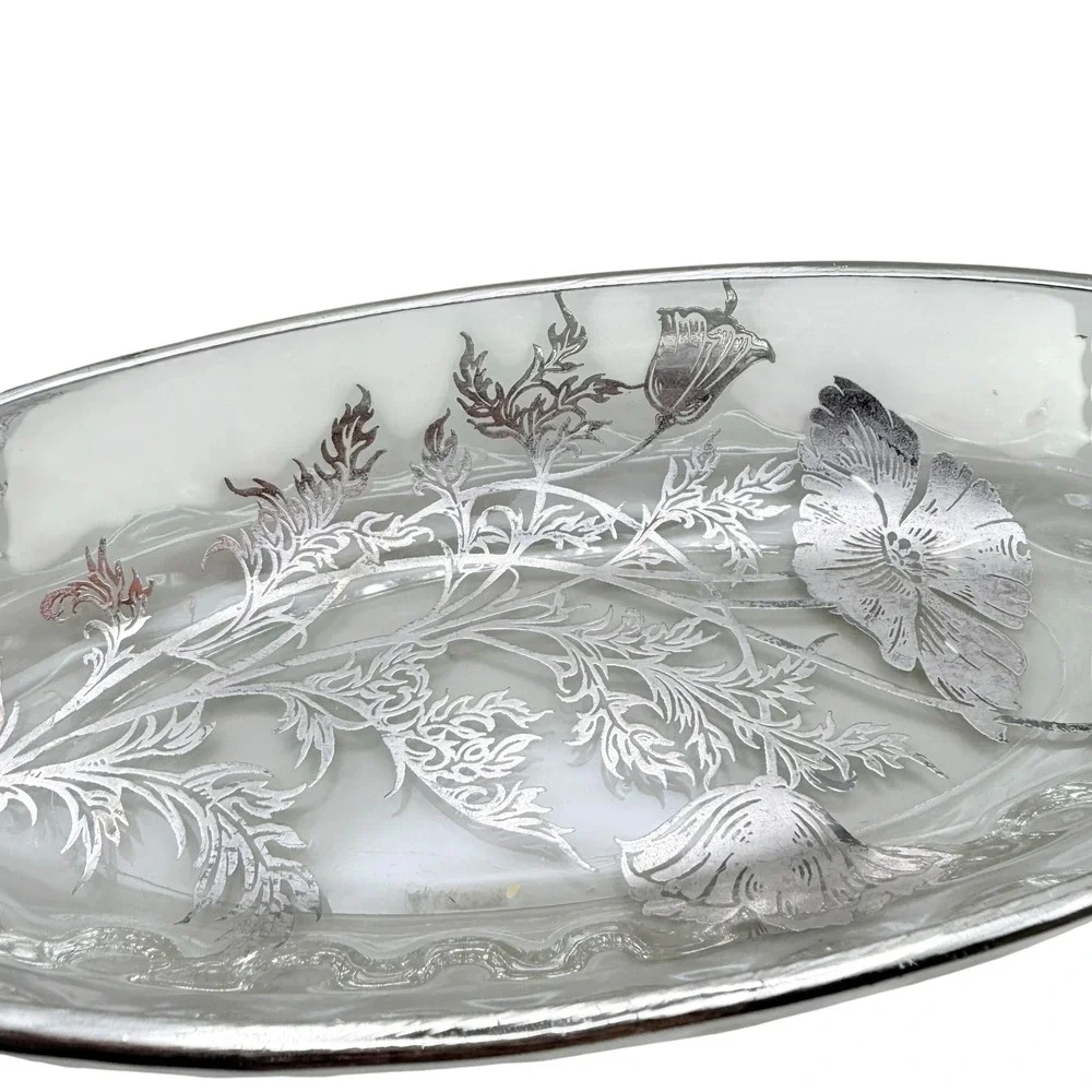 Vtg Frosted Etched Floral Relish Dish Celery Tray Poppy Serving Bowl Cottagecore